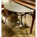 French demi-lune bistro table, rising on an iron gueridon base, 29"h x 35.5"w x 18"d; Provenance: