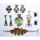 (Lot of 7) Multi-stone, sterling silver, silver and metal jewelry Including 3) pairs of Native