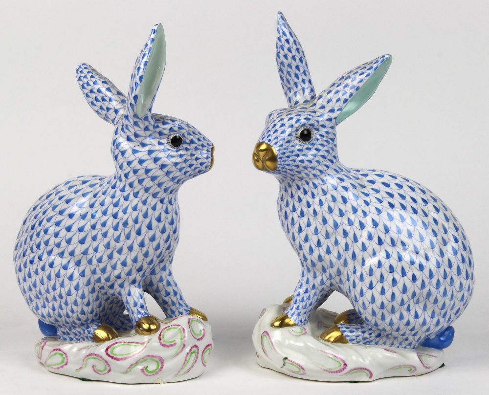 (lot of 2) Herend hand painted porcelain rabbits, each decorated in light blue in the Fish Net