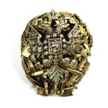 Russian Imperial eagle badge, decorated with a double eagle and a hammer and sickle, 2"h
