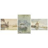 (lot of 3) Japanese watercolor of snowy scene; together with two watercolors, sealed, marked