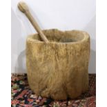Large tree form mortar and pestle, executed out of a hollowed out tree trunk with a carved pestle,