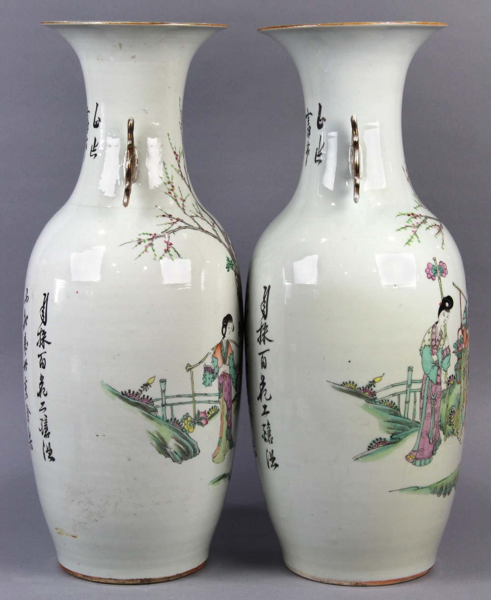 Pair of Chinese porcelain vases, the body of the baluster vase decorated with Magu with basket of - Image 4 of 6