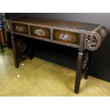 (lot of 3) Chinese wood vanity and mirrors, the desk/vanity fronted by three drawers carved with