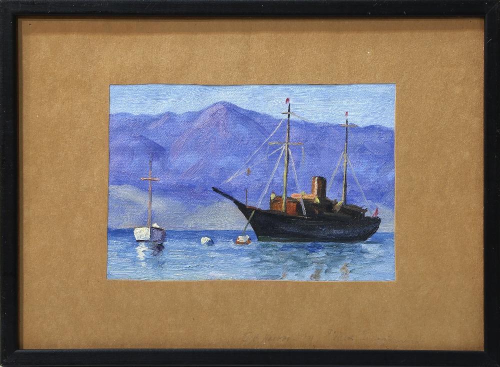 San Francisco Bay Scene with Ships, oil on canvas board, unsigned, 20th century, overall (with