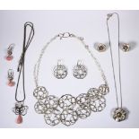 (Lot of 6) Diamond, sterling silver, silver and metal jewelry Including 1) flower necklace,