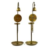 (lot of 2) Japanese/Korean pair of brass candle stands, with blossom shaped candle snuffer, circular