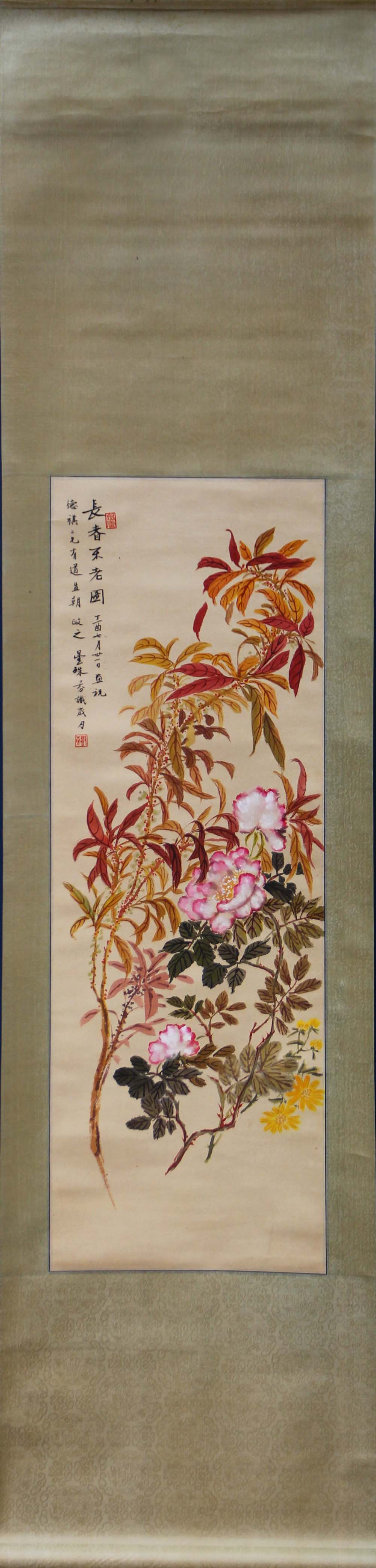 Manner of Deng Fen (Chinese 1894-1964), Flowers, ink and color on paper, inscribed with colophon,