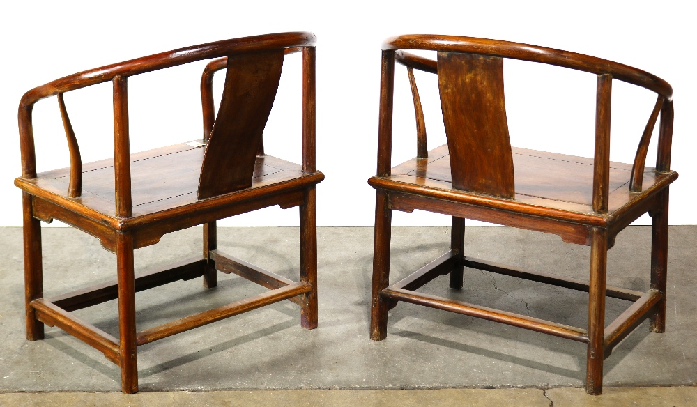 Pair of Chinese horseshoe back armchairs, with a contoured back splat with stiles joined to the - Image 2 of 3