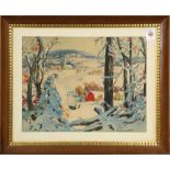 Lloyd Jones (American, 1890-1934), Village Snow Scene at Christmas with Figures, watercolor,