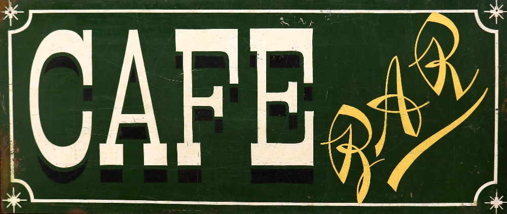 French paint decorated sign, circa 1900, inscribed "Cafe Bar," with white and yellow text on a green
