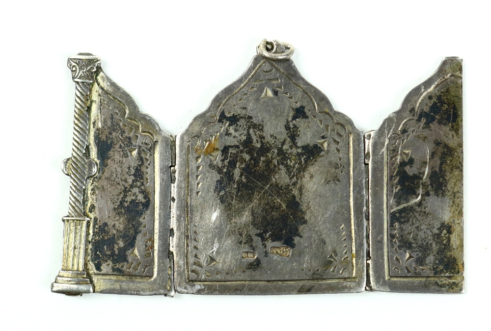 Russian .84 silver and enamel traveling triptych icon, executed in three parts, the middle depicting - Image 3 of 3