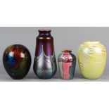 (lot of 4) Assorted art glass vases, comprising (2) iridescent examples, each with a pulled motif,