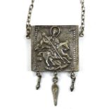 Russian style silvered metal traveling icon, the square form icon depicting Saint Gabriel slaying