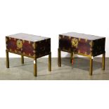 (lot of 2) Pair of Korean storage chests, reddish brown lacquered wood with brass fittings, handle
