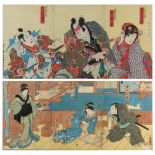 (lot of 2) Japanese triptych woodblock prints, 19th century, one by Utagawa Toyokuni III (