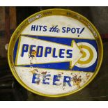 Peoples Beer tin advertising tray, having a circular form with inscription "Hits the Spot!" 12"dia.;