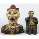 (lot of 2) Cast iron mechanical banks comprising one depicting a portly man with a mustache seated