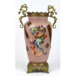 Continental style bronze mounted vase, the shouldered form having a pink ground with floral