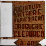 French double sided metal hand painted country road sign "G. Leporcq," circa 1900-1915, offering