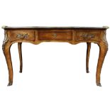 Louis XV style inlaid bureau plat, c. 1900 having a shaped top with floral and foliate decoration,
