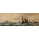 Frank Henry Mason (British, 1876-1965), Coastal Scene with Ships and Figures, watercolor, signed