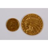 (lot of 2) 1915 $5 dollar gold Indian Head half eagle, 1853 type I gold dollar