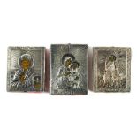 (lot of 3) Russian .84 silver oklad traveling icons, each with a velvet lined back, comprising one