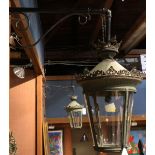 Pair of Paris, France street lanterns, circa 1880-1890, each having a black painted iron support,