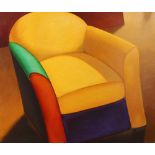 (lot of 3) The Yellow Club Chair, oils on wood, eah signed "J Fay" verso, 20th century, overall (