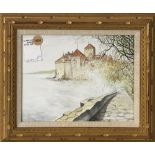 Castle by a River, watercolor and colored pencil on paper, unsigned, 20th century, overall (with