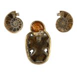 Fossil ammonite, diamond and 14k yellow gold jewelry suite Including 1) pendant, featuring (1)