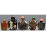 (lot of 5) Chinese stone snuff bottles: first, of rutilated quartz (hair crystal) with a flattened