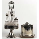 (lot of 2) English plated table articles, consisting of a covered biscuit holder, 19th Century, by