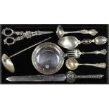 (lot of 8) Assortment of sterling silver flatware and table articles, consisting of a Danish .800