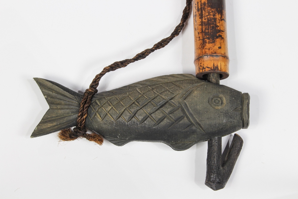 Japanese jizai-kagi (hearth pot hook), on bamboo pole, with rope and wooden koi carp, overall: 51. - Image 6 of 7