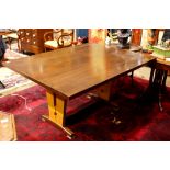 Moderne dining table, having a rectangular top, above the trestle base with chrome inlay, 30.5"h x