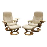(lot of 4) J. E. Ekornes, "Stressless" leather lounge suite, each executed in high grade leather