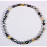 Tahitian cultured pearl, diamond and 14k yellow gold necklace Comprised of (41) graduating multi-
