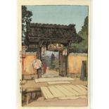 Yoshida Hiroshi (Japanese 1876-1950), "A little Temple Gate", woodblock print, lower left with he