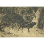 Peter Moran (American, 1841-1914), "The Challenge," etching, pencil signed lower right, signed in