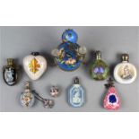 (lot of 9) Assorted porcelain and metal mounted miniature perfume bottles, consisting of a flat