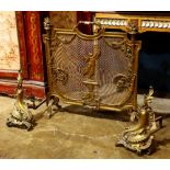 (lot of 3) Neo-Classical fireplace screen and andirons, each executed in brass, largest: 29.5"h x