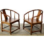 Pair of Chinese horseshoe back armchairs, with a contoured back splat with stiles joined to the