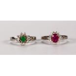 (Lot of 2) Emerald, Ruby, diamond and platinum rings Including 1) ring, featuring (1) oval-cut ruby,