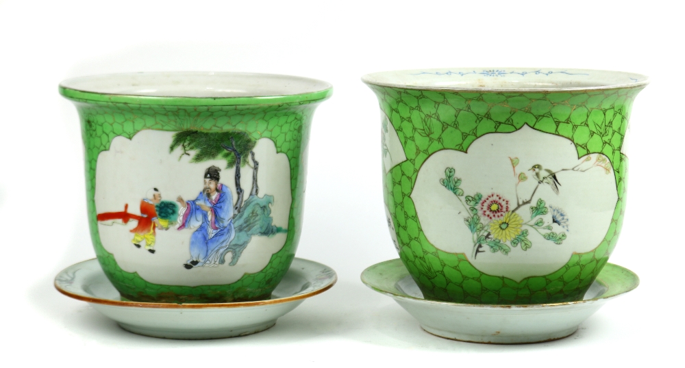 (lot of 2) Chinese porcelain planters, each with lime colored ground, one with bird-and-flower