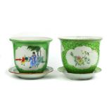 (lot of 2) Chinese porcelain planters, each with lime colored ground, one with bird-and-flower