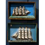 (lot of 2) Models of fully rigged sailing ships, each as wall mount dioramas, 27"w x 12.5"w,