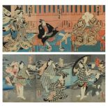 (lot of 2) Utagawa Toyokuni III (Japanese, 1786-1865), 19th century, two triptych woodblock prints