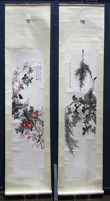 (lot of 4) Manner of Yan Bolong (Chinese,1896-1955), Birds-and-Flowers, ink and color on paper, - Image 2 of 10